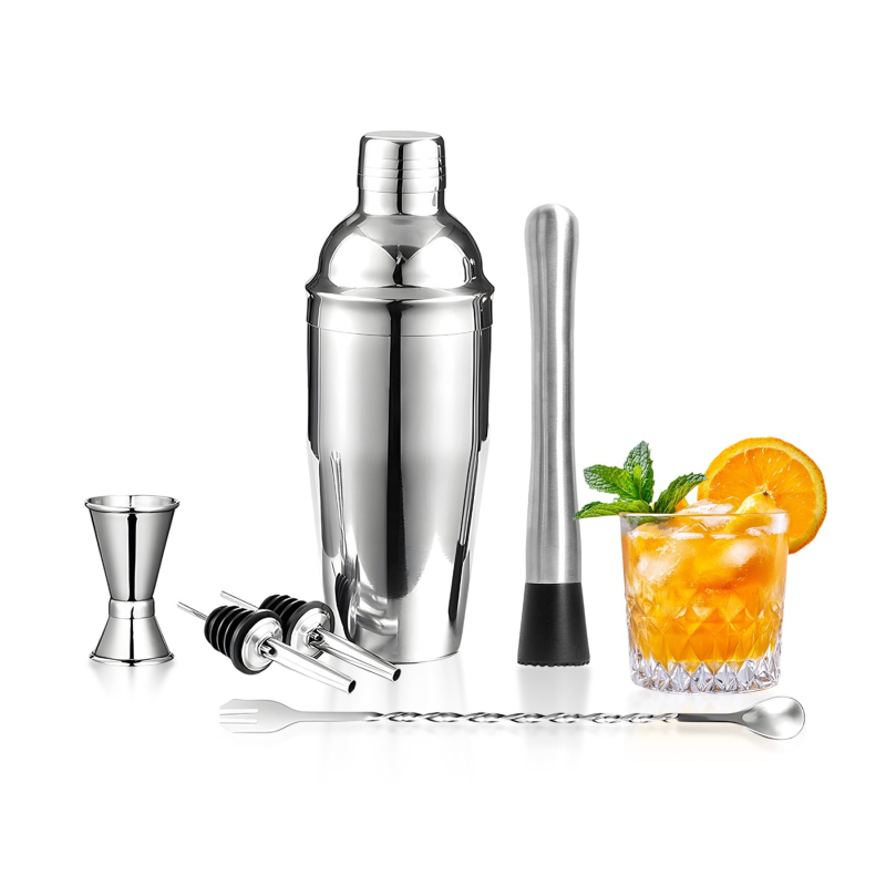 6 részes rozsdamentes acél bartender eszköz készlet – nordic stílusú bárfelszerelés shakerrel és koktél eszközökkel, logó nyomtatás elérhető