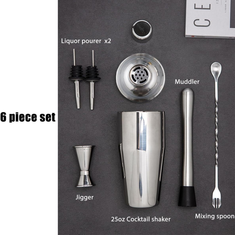 6 részes rozsdamentes acél bartender eszköz készlet – nordic stílusú bárfelszerelés shakerrel és koktél eszközökkel, logó nyomtatás elérhető