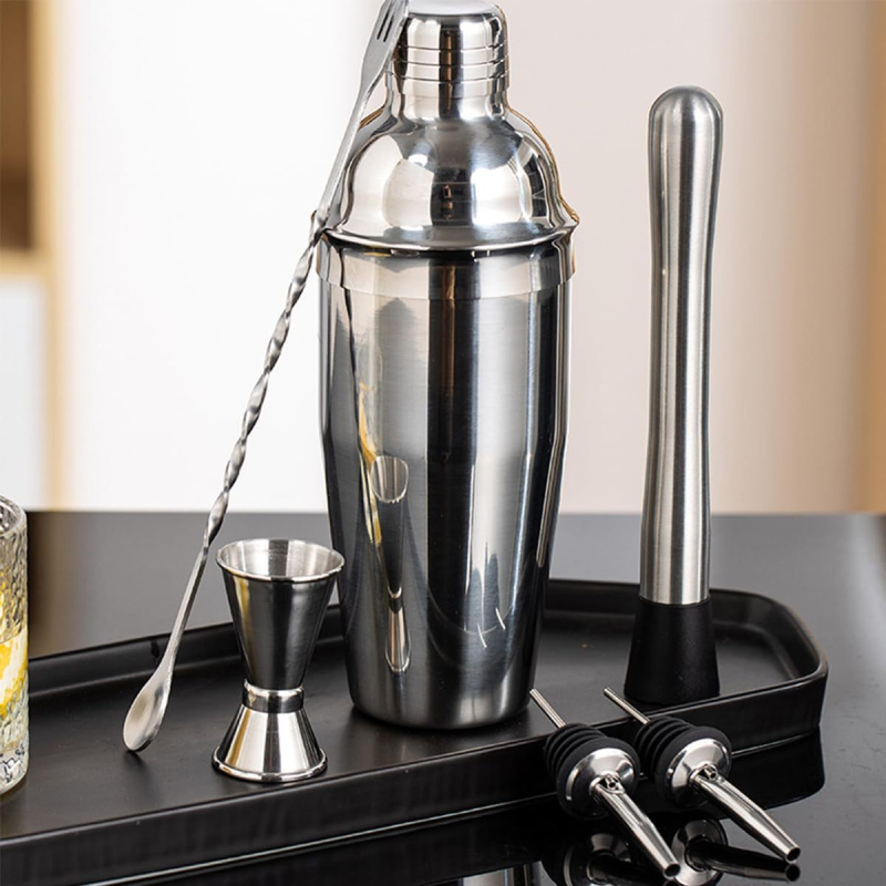 6 részes rozsdamentes acél bartender eszköz készlet – nordic stílusú bárfelszerelés shakerrel és koktél eszközökkel, logó nyomtatás elérhető