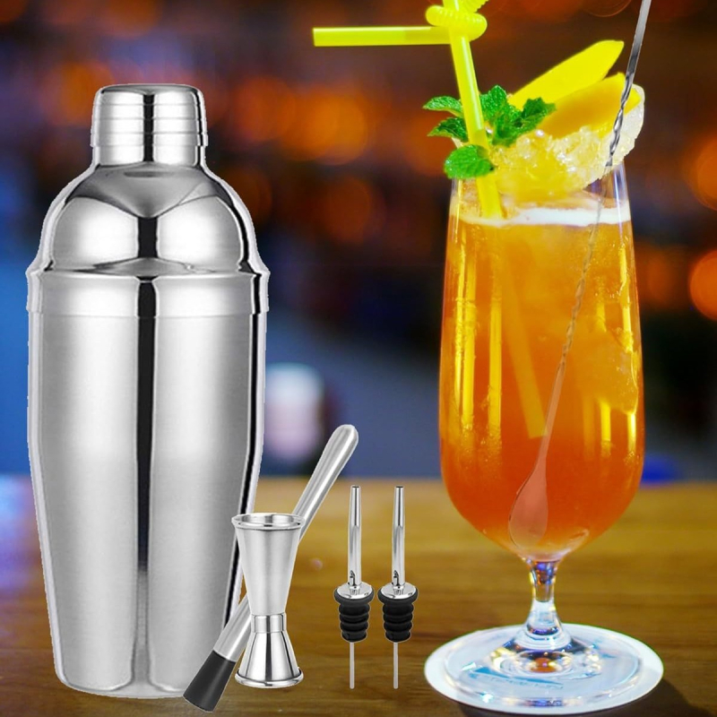 6 részes rozsdamentes acél bartender eszköz készlet – nordic stílusú bárfelszerelés shakerrel és koktél eszközökkel, logó nyomtatás elérhető