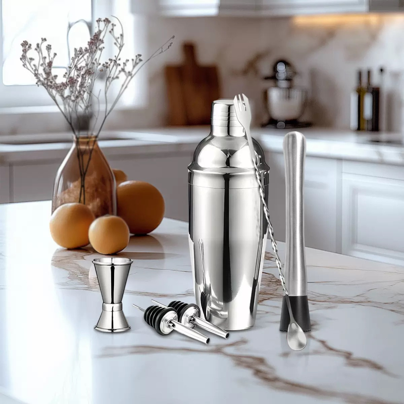 6 részes rozsdamentes acél bartender eszköz készlet – nordic stílusú bárfelszerelés shakerrel és koktél eszközökkel, logó nyomtatás elérhető