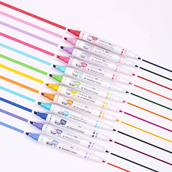 Kétoldalas, kétszínű kiemelő marker, átlátszó testtel, logónyomtatás elérhető, 6 darabos készlet, ferde hegy