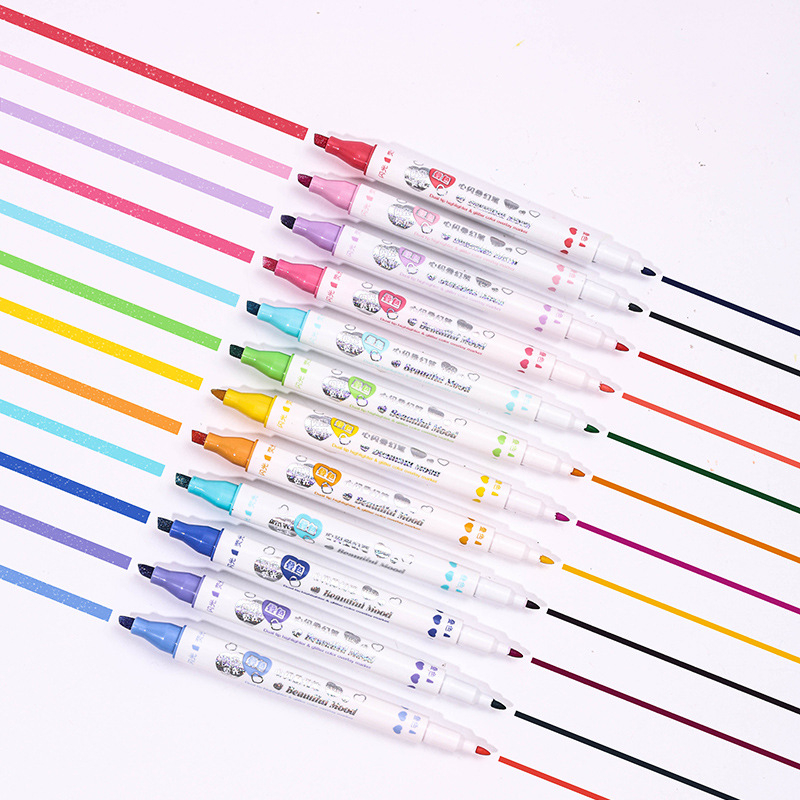 Kétoldalas, kétszínű kiemelő marker, átlátszó testtel, logónyomtatás elérhető, 6 darabos készlet, ferde hegy