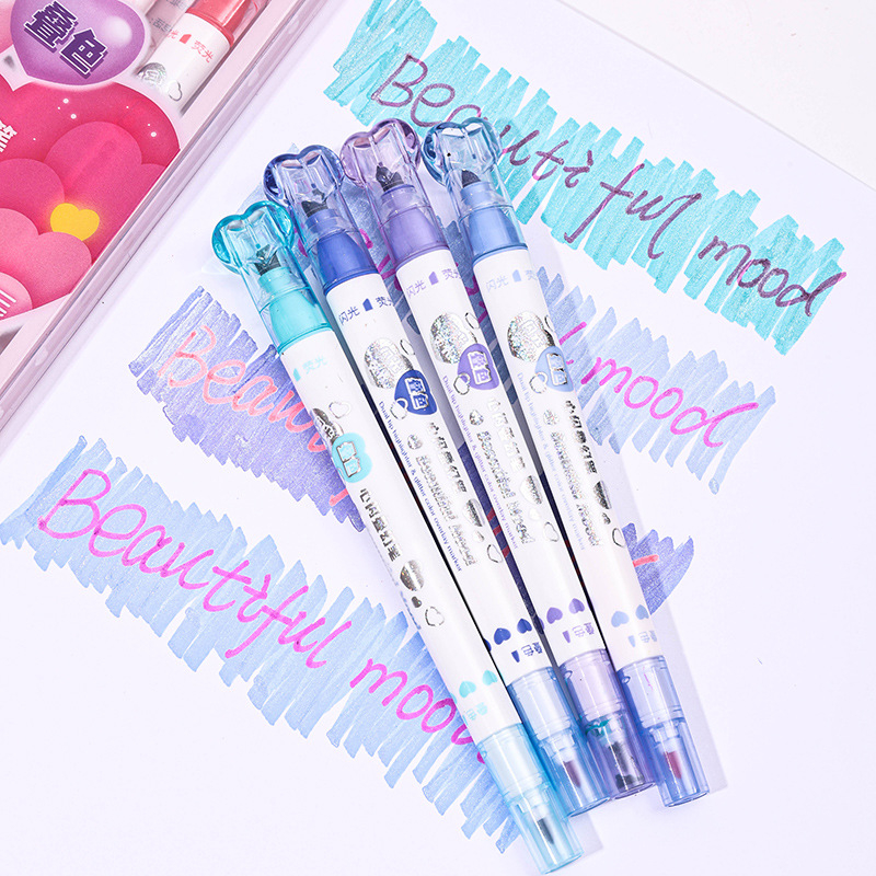 Kétoldalas, kétszínű kiemelő marker, átlátszó testtel, logónyomtatás elérhető, 6 darabos készlet, ferde hegy