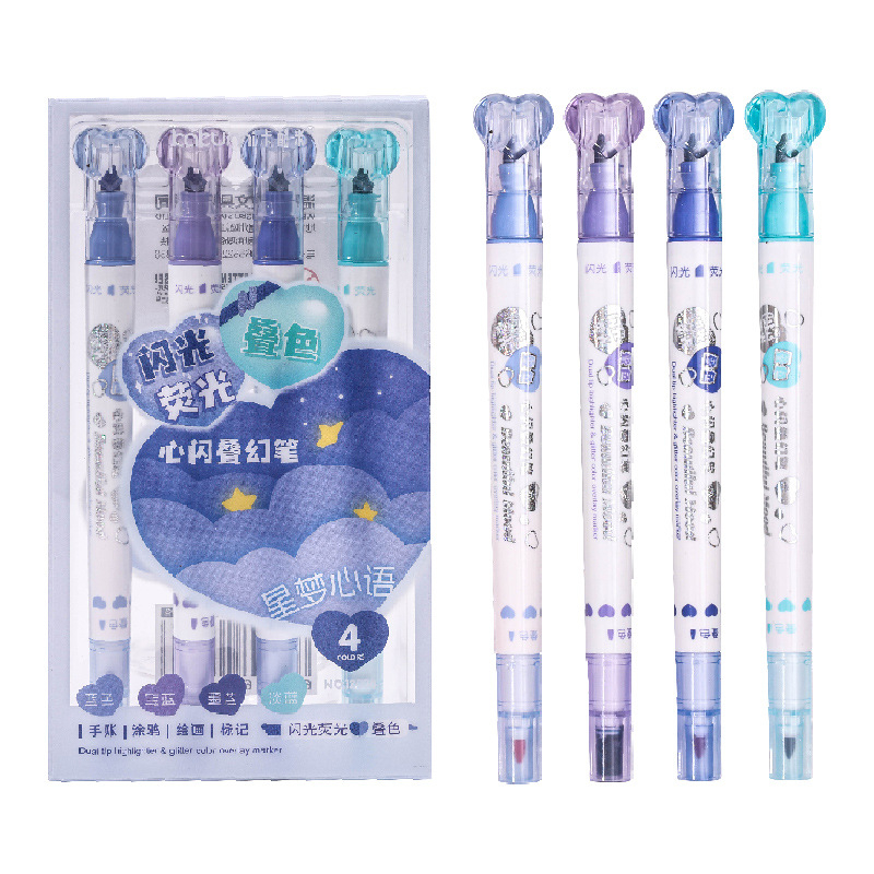 Kétoldalas, kétszínű kiemelő marker, átlátszó testtel, logónyomtatás elérhető, 6 darabos készlet, ferde hegy