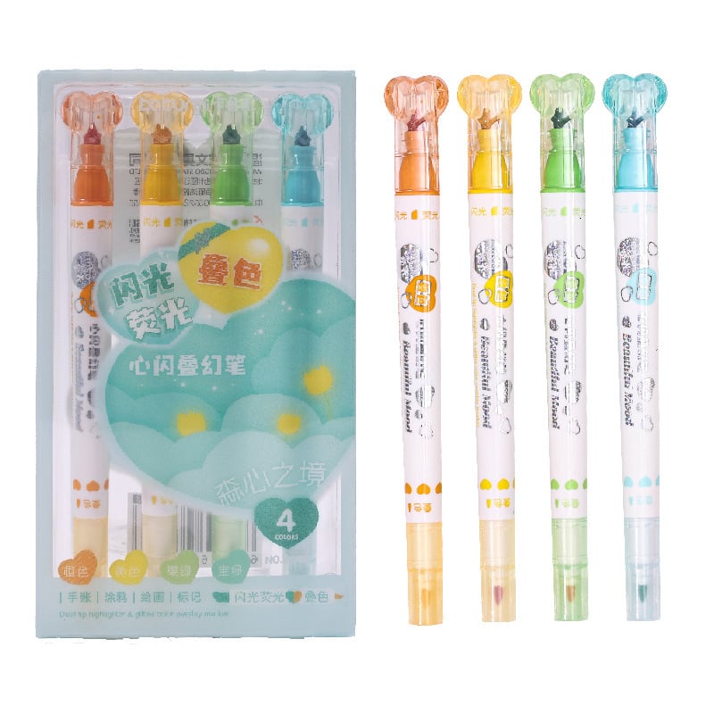 Kétoldalas, kétszínű kiemelő marker, átlátszó testtel, logónyomtatás elérhető, 6 darabos készlet, ferde hegy