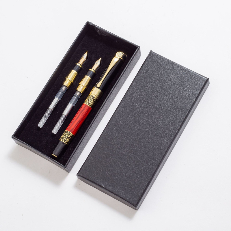 Wan jun rozsdamentes acél toll retro faburkolat mintával – ajándék készlet Tanárnapra, kalligráfia gyakorlására, tinta szívó rendszer, hegy acélból, logó nyomtatás