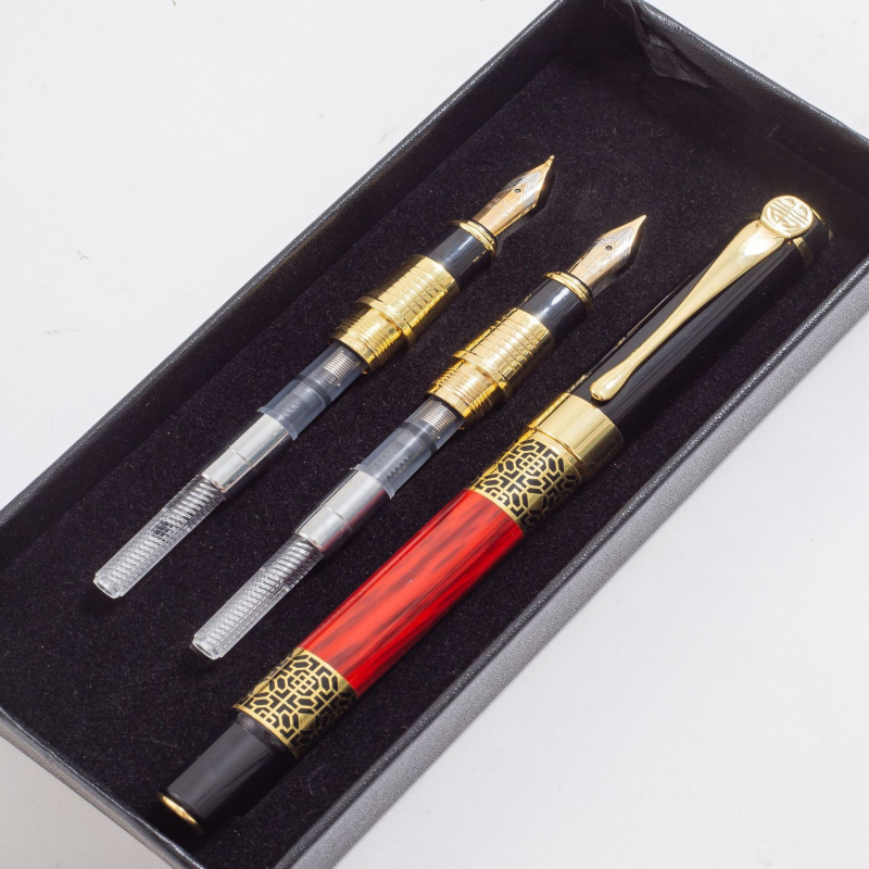 Wan jun rozsdamentes acél toll retro faburkolat mintával – ajándék készlet Tanárnapra, kalligráfia gyakorlására, tinta szívó rendszer, hegy acélból, logó nyomtatás