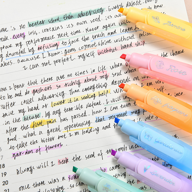 Hordozható illatos fluoreszcens jelölő toll — virágos és gyümölcsös illat, 6 ízű készlet (6 üveg dobozban), műanyag test, dobozos csomagolás, Ju Meng Stationery