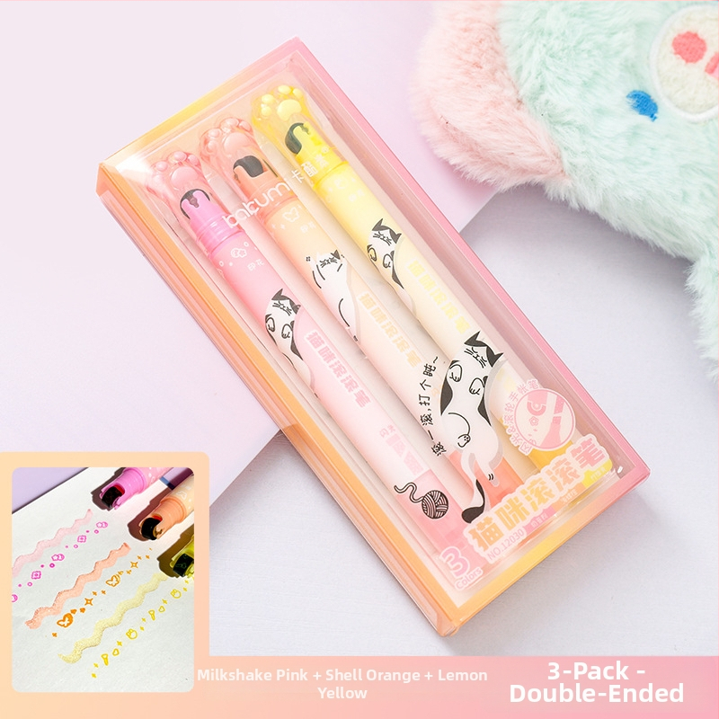 Dvostrani roller highlighter s otiskom mačje šape, cvjetne linije, sjajan dnevnički marker, slatka konturna olovka