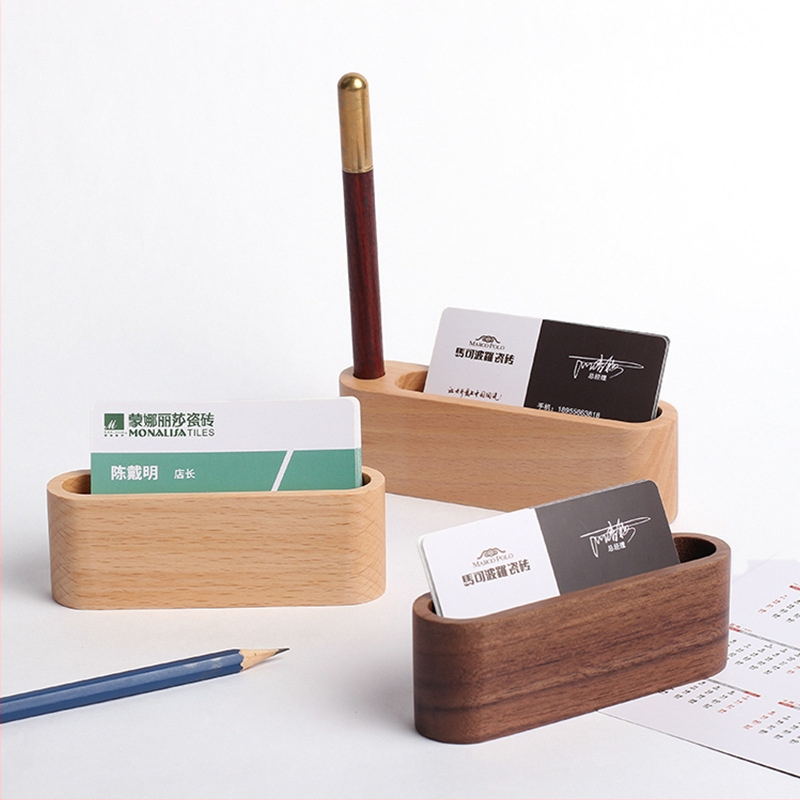 Drveni držač vizitki i držač olovke s višestrukim odjeljcima, jednostavan dizajn, mogućnost tiska logotipa i prilagodbe