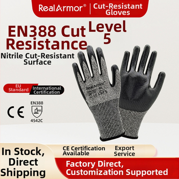 CE certifikované rukavice EN388 úroveň 5 proti strihu, HPPE + lesklé nitrilové potiahnutie, protišmykové
