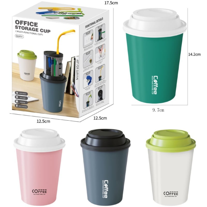 Многофункционален офисен комплект с кутия за химикалки и чаша за кафе, модел 1101, пластмасов, кръгъл, без лого