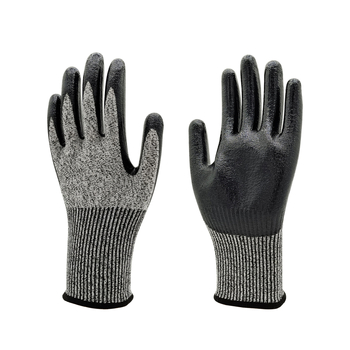 CE сертифицирани ръкавици против порязване EN388 ниво 5, HPPE + лъскаво нитрилово покритие, износоустойчивост ниво 4