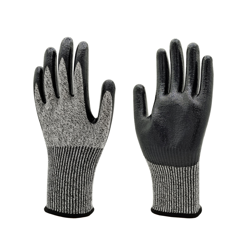 CE сертифицирани ръкавици против порязване EN388 ниво 5, HPPE + лъскаво нитрилово покритие, износоустойчивост ниво 4