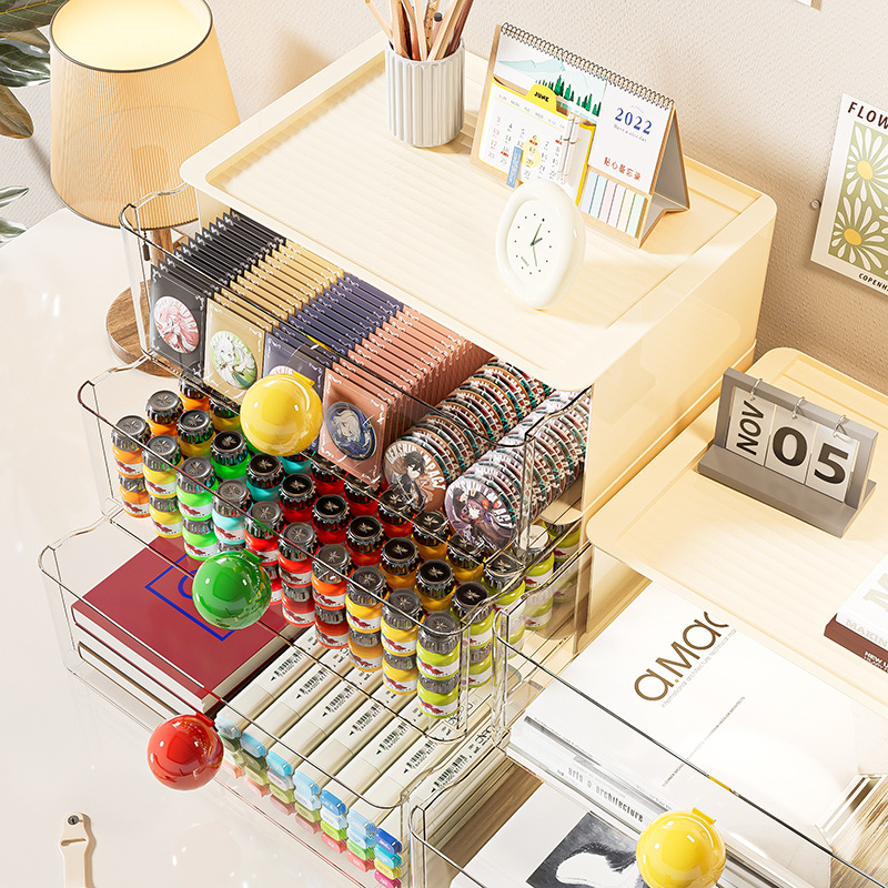 Cutie de depozitare pentru papetărie, cu design sertar – capacitate mare, stivabil, PP+PET