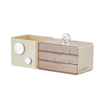 Cutie de depozitare pentru cosmetică cu capac, plastic PP+ABS+PET, model 9239, acoperită și cu posibilitatea de a fi stivuită cu grilă, stil lux ușor