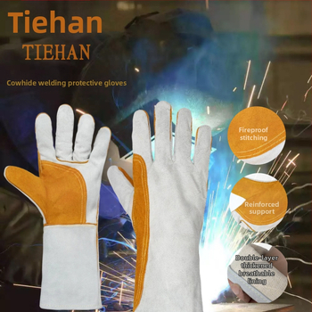 Zváracie rukavice z hovädzej kože, dvojvrstvové, s predĺženou manžetou, ochranné pracovné rukavice