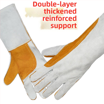 Zváracie rukavice z hovädzej kože, dvojvrstvové, s predĺženou manžetou, ochranné pracovné rukavice