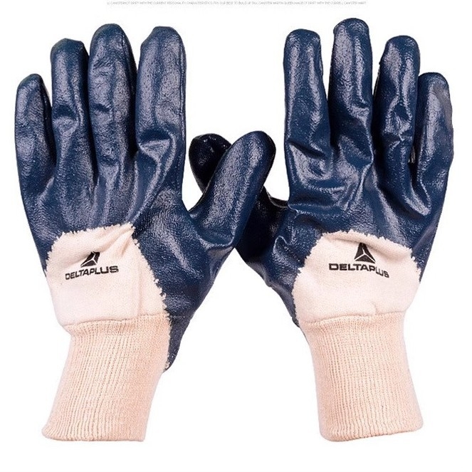 Delta Mănuși de siguranță, acoperire nitril 3/4 pe palmă și degete, tricot din bumbac vulcanizat, rezistente la ulei și lichide, rezistente la tăiere
