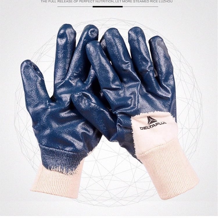 Delta Mănuși de siguranță, acoperire nitril 3/4 pe palmă și degete, tricot din bumbac vulcanizat, rezistente la ulei și lichide, rezistente la tăiere