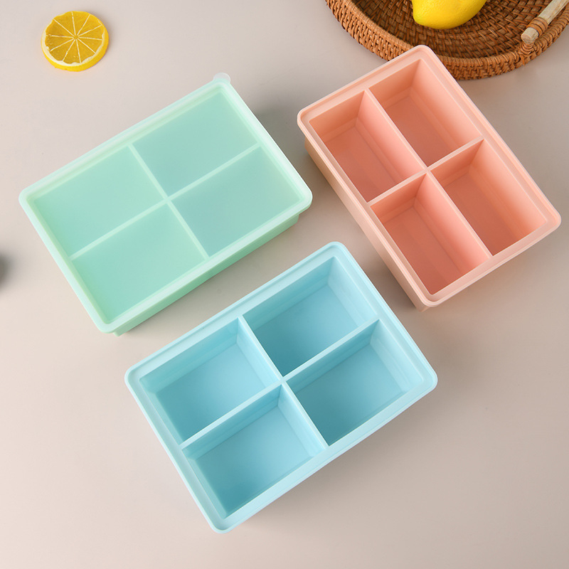 Tava de gheață din silicon cu capac, 4 cavități, capacitate 670 ml, înghețare rapidă și demoldare ușoară