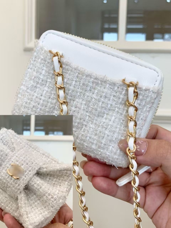 Чанта през рамо от вълнена материя с панделка във форма на лък, джоб за карти, верижна презрамка и цип