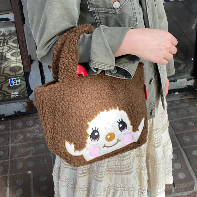Monchhichi pliš Tote torba za uredske zaposlenike i studente, dječji crtani stil, zatvarač, poliester podstava