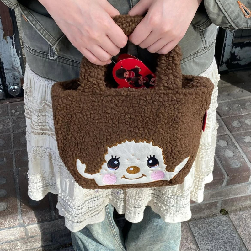 Monchhichi pliš Tote torba za uredske zaposlenike i studente, dječji crtani stil, zatvarač, poliester podstava