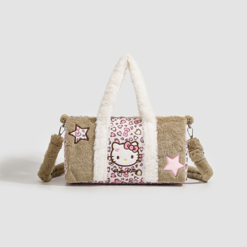 Плюшена дамска Tote чанта със дизайн сърце-мече, цилиндрична форма, ципово затваряне, подплата от полиестер