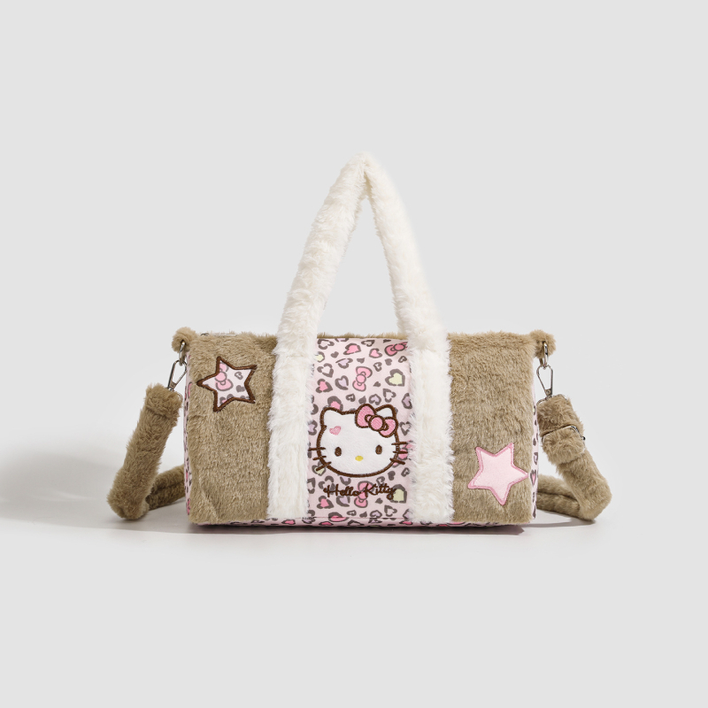 Плюшена дамска Tote чанта със дизайн сърце-мече, цилиндрична форма, ципово затваряне, подплата от полиестер