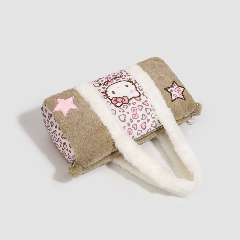 Плюшена дамска Tote чанта със дизайн сърце-мече, цилиндрична форма, ципово затваряне, подплата от полиестер