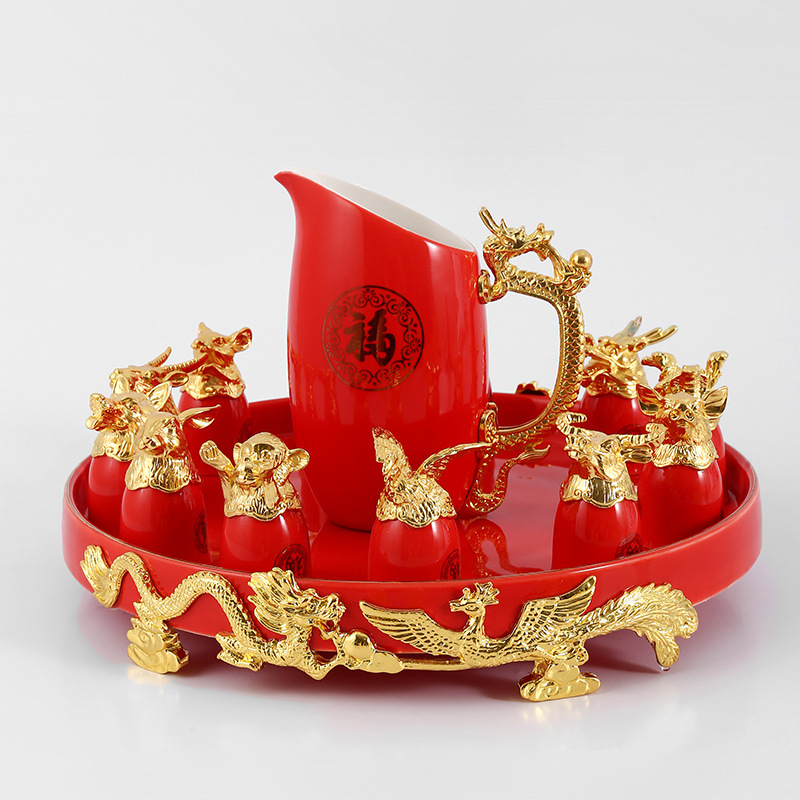 Porcelanski vinska set s glavom životinje zodijaka, 13 komada, lagani luksuzni retro stil