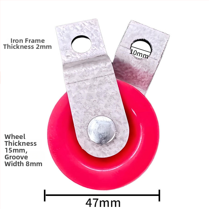 Kladka z aluminizovaného železa, vonkajší priemer 47 mm, priemer hriadeľa 47 mm, polomer drážky na lano 8 mm.