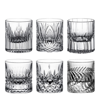 Set čaša za whiskey u drvenoj kutiji, bezolovno kristalno staklo, ručno rezbareni uzorak, 2 komada, luksuzni retro stil