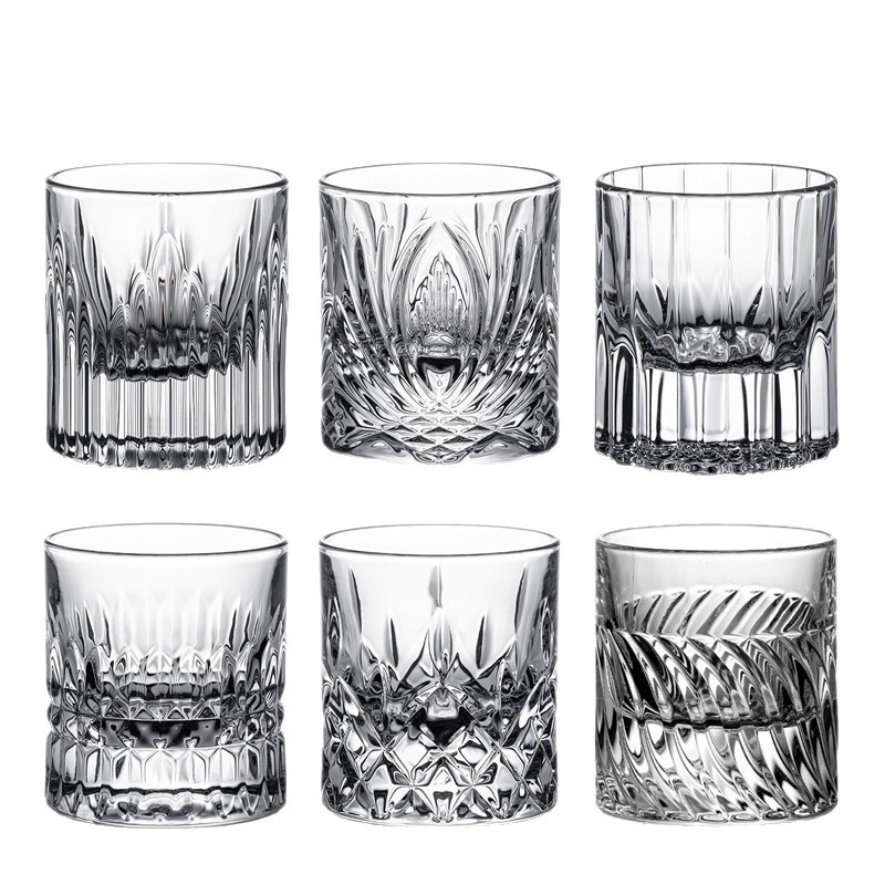 Set čaša za whiskey u drvenoj kutiji, bezolovno kristalno staklo, ručno rezbareni uzorak, 2 komada, luksuzni retro stil