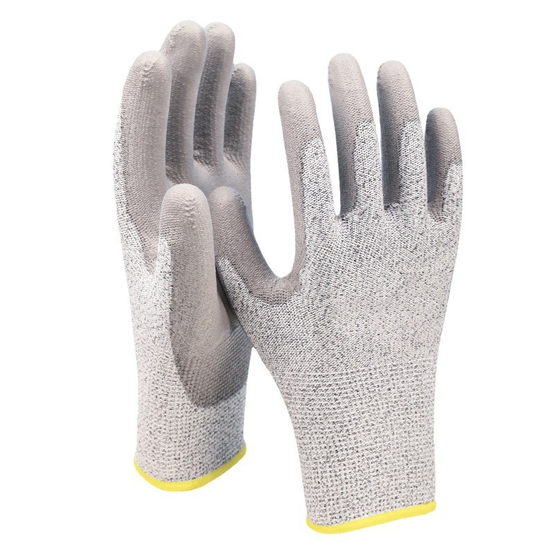 HPPE vágásbiztos kesztyű PU bevonatú tenyérrel, 5-ös szintű vágásvédelem, csúszásmentes, olajálló, húsfeldolgozásra