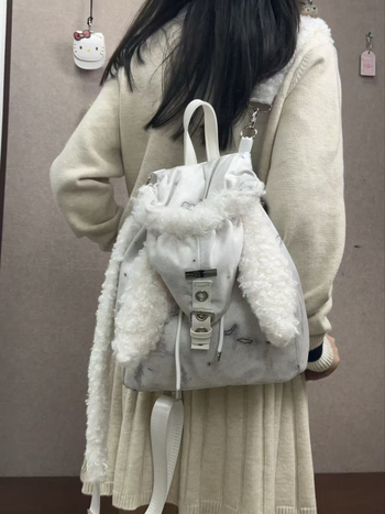 Рюкзак с пухкави зайчеши уши, голям капацитет, дивинг плат, есен 2025, затваряне с връзки