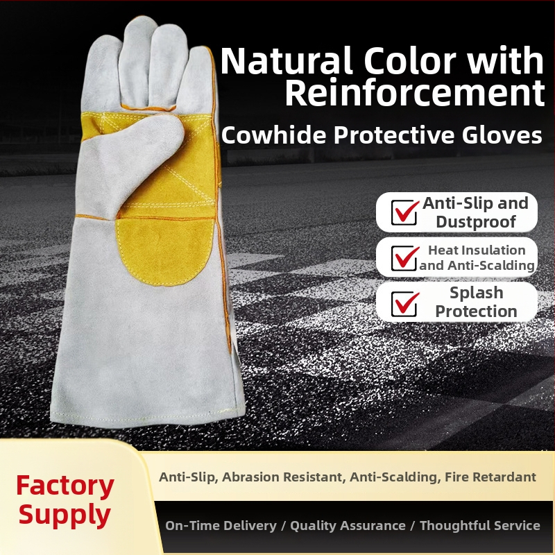 Rukavice do práce z hovädzej kože pre zváranie a vonkajšie práce — odolné voči vysokej teplote, tepelno-izolačné, proti špliekaniu, priedušné, protišmyčné