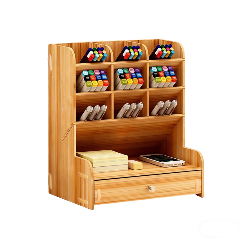 Дървен квадратен държател за моливи с множество отделения — настолен органайзер с възможност за печат на лого