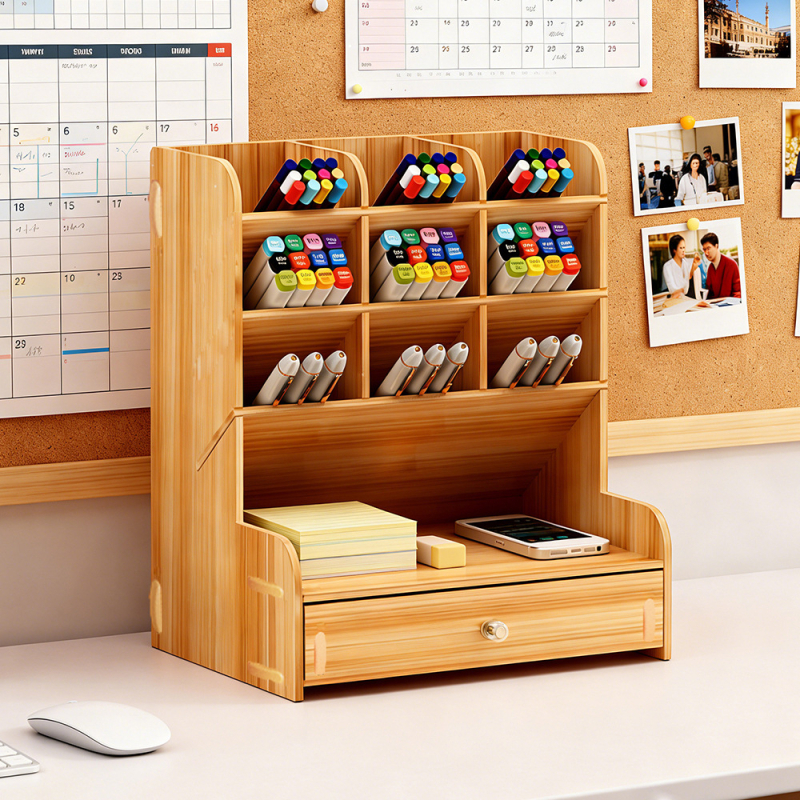 Дървен квадратен държател за моливи с множество отделения — настолен органайзер с възможност за печат на лого