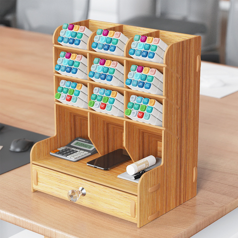 Дървен квадратен държател за моливи с множество отделения — настолен органайзер с възможност за печат на лого