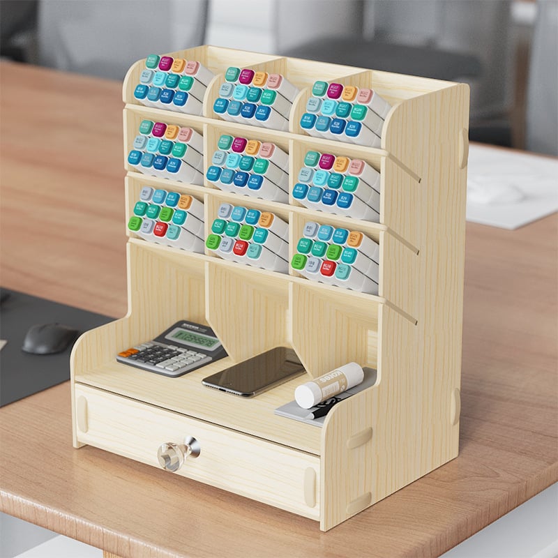 Дървен квадратен държател за моливи с множество отделения — настолен органайзер с възможност за печат на лого