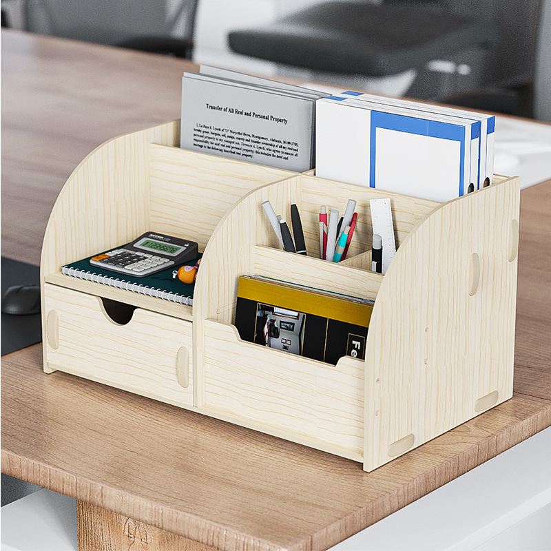 Дървен квадратен държател за моливи с множество отделения — настолен органайзер с възможност за печат на лого