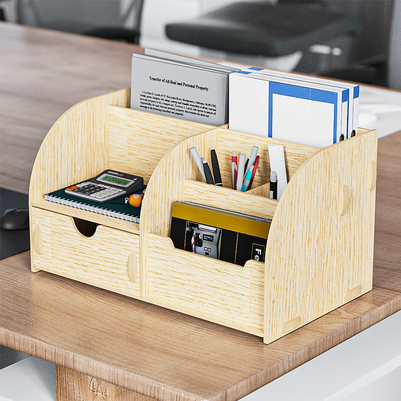 Дървен квадратен държател за моливи с множество отделения — настолен органайзер с възможност за печат на лого