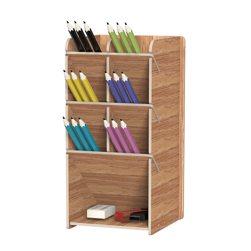 Дървен квадратен държател за моливи с множество отделения — настолен органайзер с възможност за печат на лого