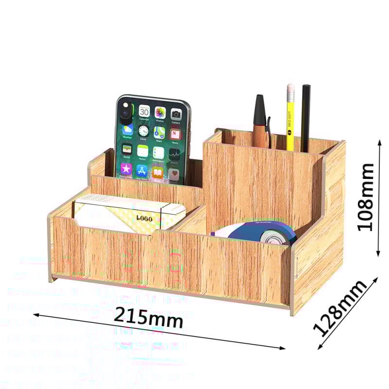 Дървен квадратен държател за моливи с множество отделения — настолен органайзер с възможност за печат на лого