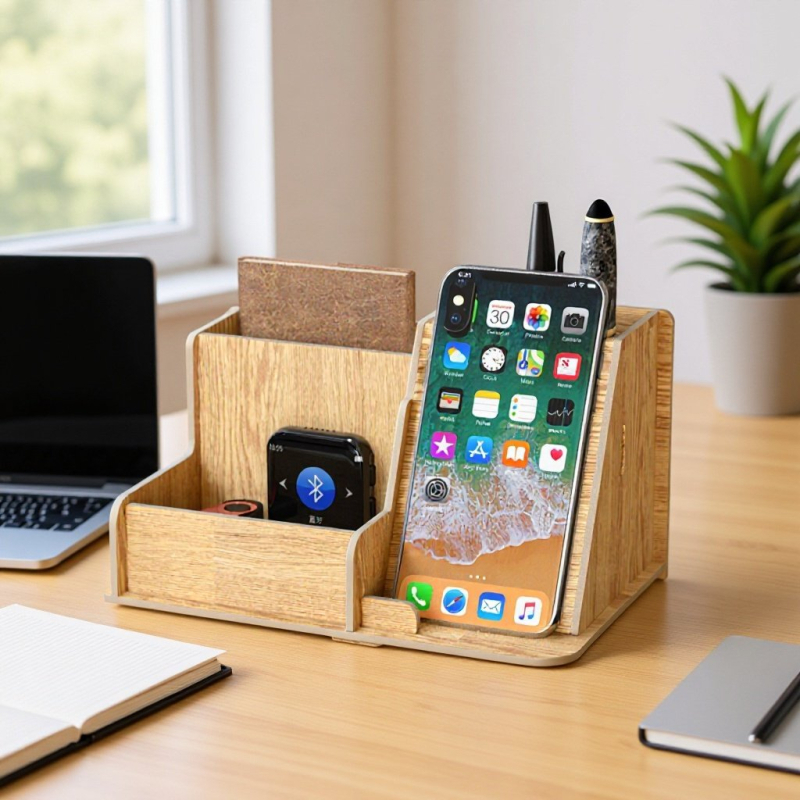 Дървен квадратен държател за моливи с множество отделения — настолен органайзер с възможност за печат на лого