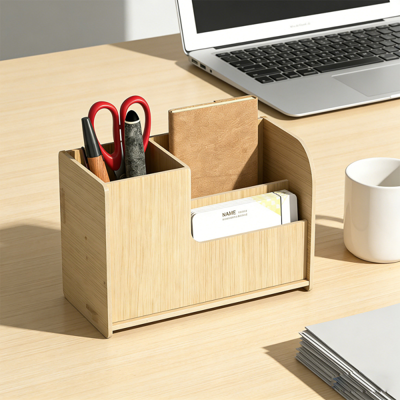 Дървен квадратен държател за моливи с множество отделения — настолен органайзер с възможност за печат на лого