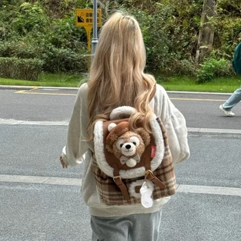 Плюшена раница за студенти – уличен стил, тема Дъфи Коледа, затваряне с капак, джоб за телефон, подплата, голям капацитет